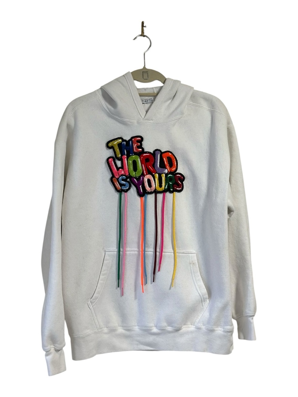 Sue Tsai Hoodie white Colorful Balloons The World Is Yours size Large.